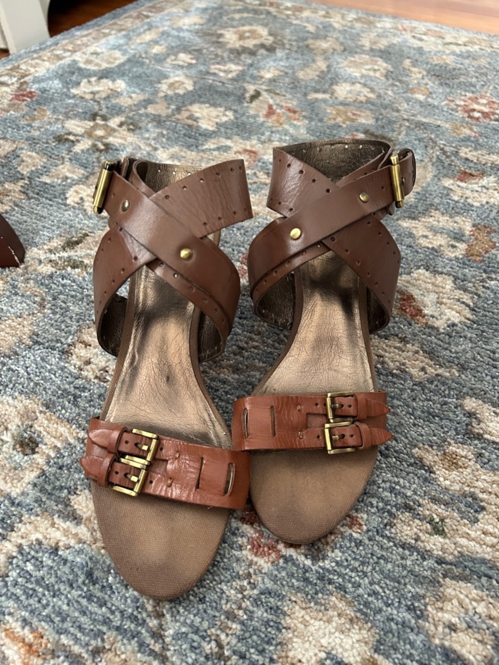 Loft Leather Crisscross Ankle Strap Sandals with Buckle Detail
